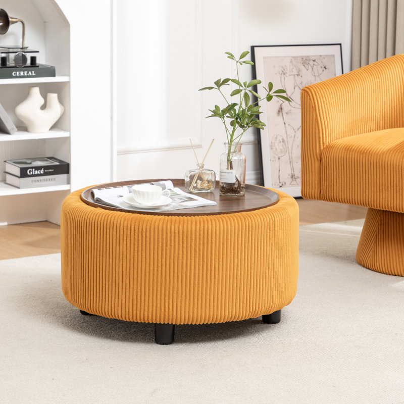 Table basse ronde avec rangement Pietsch, Velours côtelé jaune