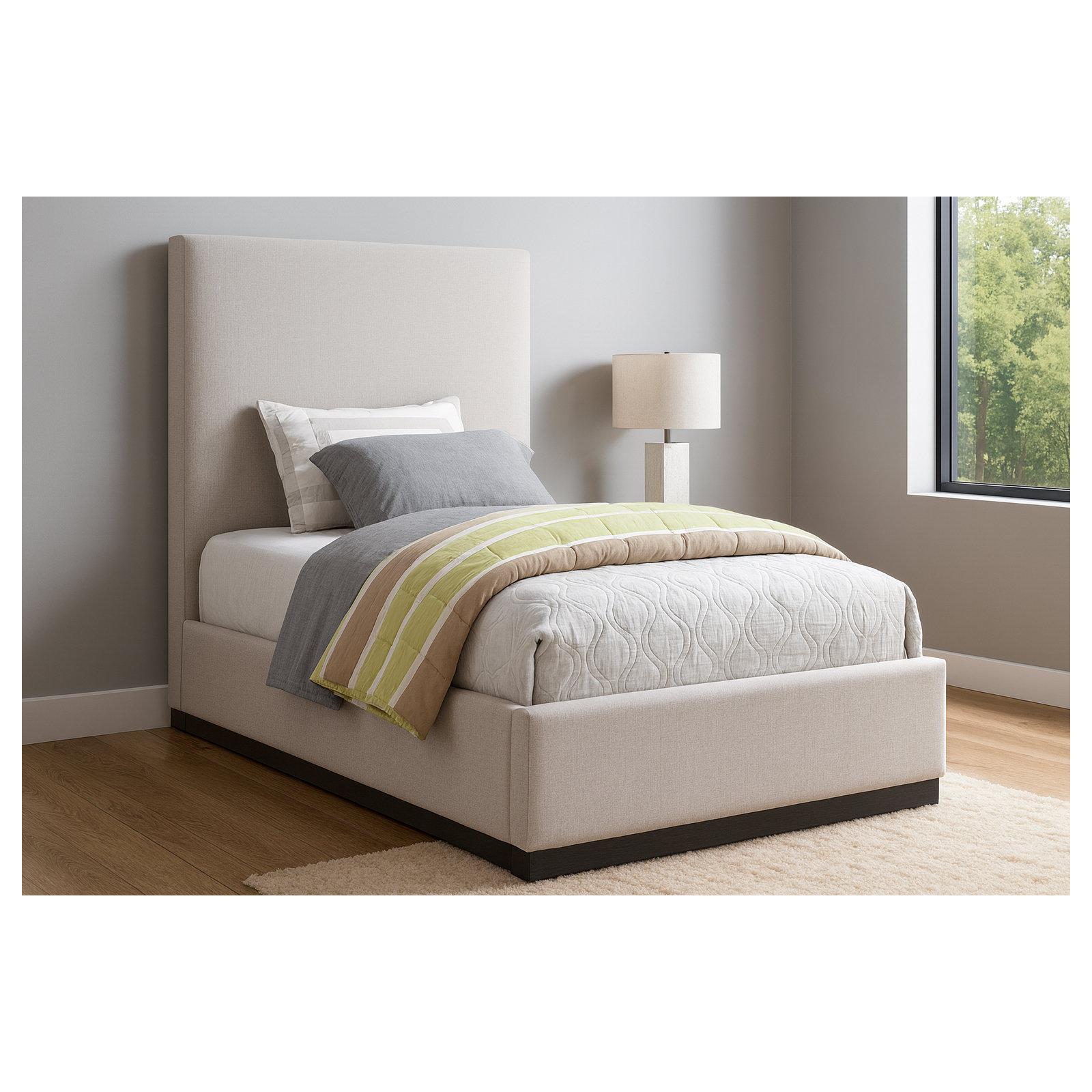 Citori Upholstered Panel Bed, Twin, Beige Linen Textured Fabric