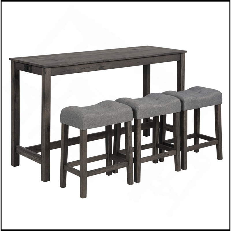 Ensemble de table de bar 4 pièces avec prise de courant, ensemble de table de bar avec chaises, table de bar avec tabourets, table de canapé avec 3 tabourets rembourrés, pour le salon, la salle à manger, gris foncé