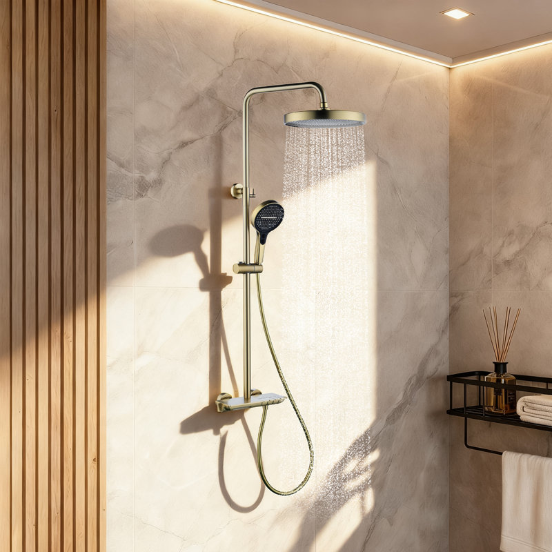 Système de douche à bouton-poussoir 3 fonctions avec douchette de pluie 10,8 po, douchette et baignoire, Or brossé