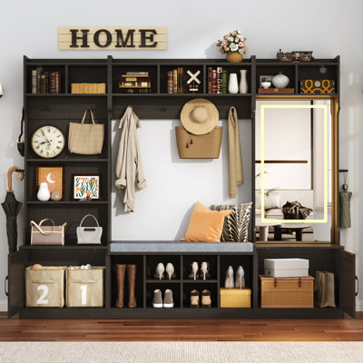 Meuble d'entrée de style ferme avec banc et porte-manteau, très grand meuble de rangement de 220 cm de large avec miroir DEL, 6 compartiments à chaussures, placards ouverts, porte-parapluies et 8 crochets, banc pour vestibule.