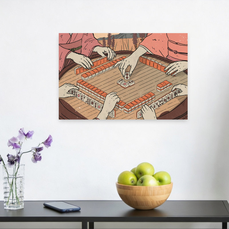 Femmes jouant au mahjong, art mural rétro traditionnel, paysage naturel, 12" H x 18" W
