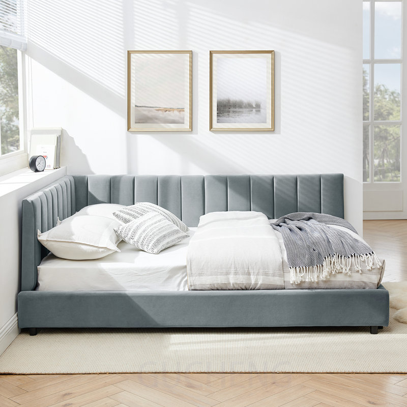 Full Size Velvet Upholstered Tufted Bed Frame with Comfortable Backrest and Armrests for Bedroom and Living Room, Light Gray
