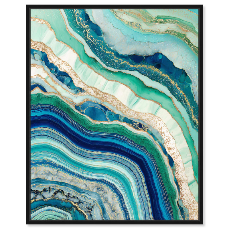 Blue Green Abstract Agate II Canvas Teal Abstract Art by , 37" H x 31" W, Black Floater Framed