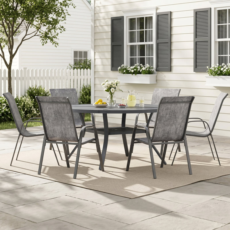 6-Person Round Patio Dining Set With Stackable Textilene Chairs, Gray/Gray