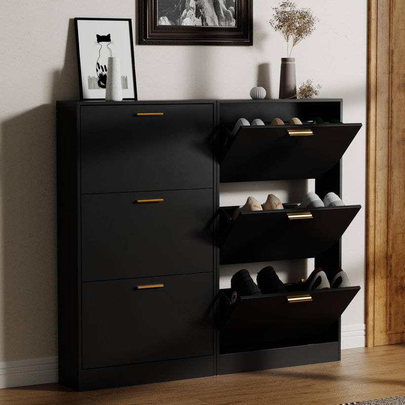 Shoe Storage Cabinet With 6 Flip Drawers, Black