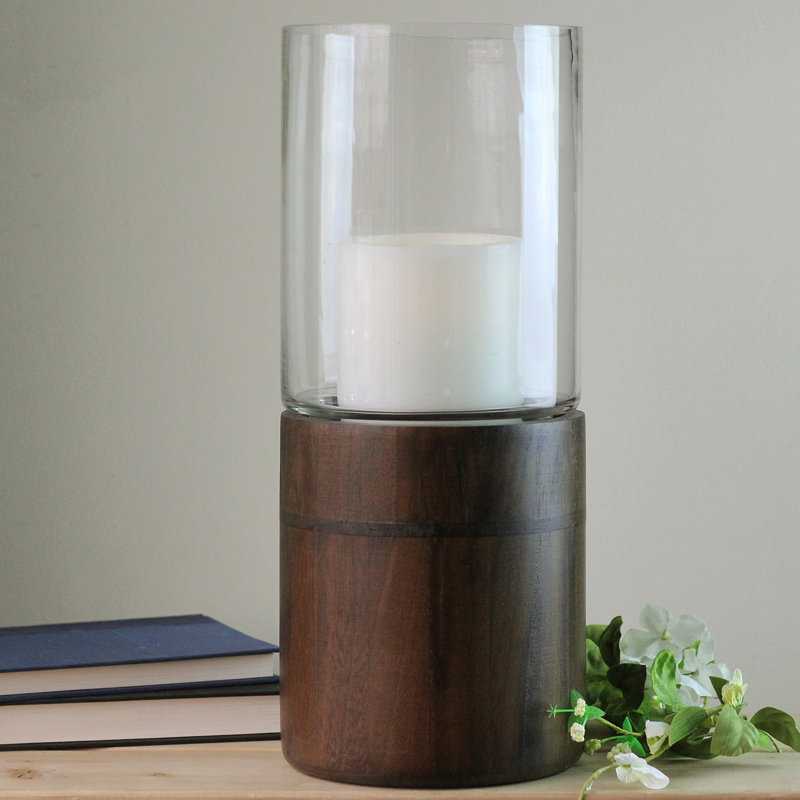 Clear Glass Hurricane Pillar Candle Holder with Wooden Base, 15.25" H x 6.5" W x 6.5" D