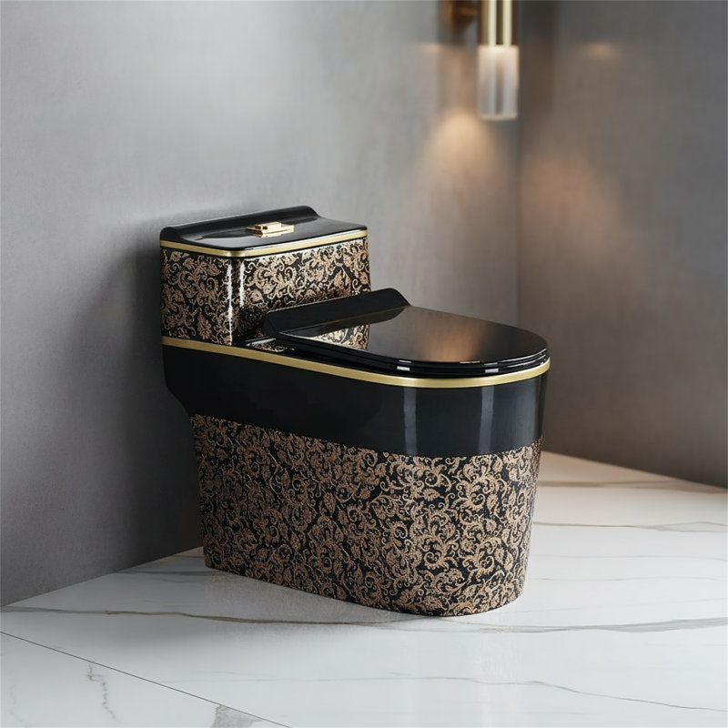 Black Gold Flower Pattern Toilet, 1.45 Gpf Slim Compact Toilet (with Seat)