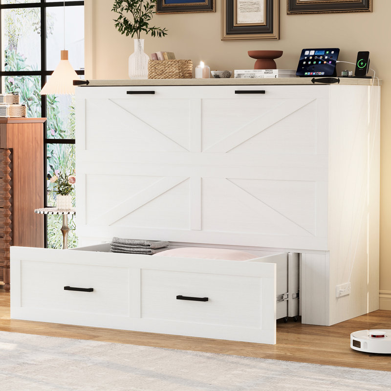 Lit armoire blanc avec ustensiles de charge et tiroir de rangement abondant, plateforme pliable pour compartiment de chambre d'amis dans une petite chambre