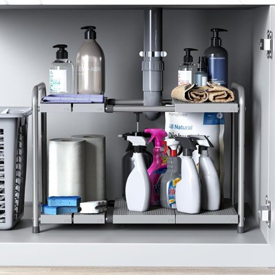 Rangement robuste à 2 niveaux pour sous-évier - Armoire de rangement extensible argentée avec largeur réglable et 4 niveaux de hauteur de tablette