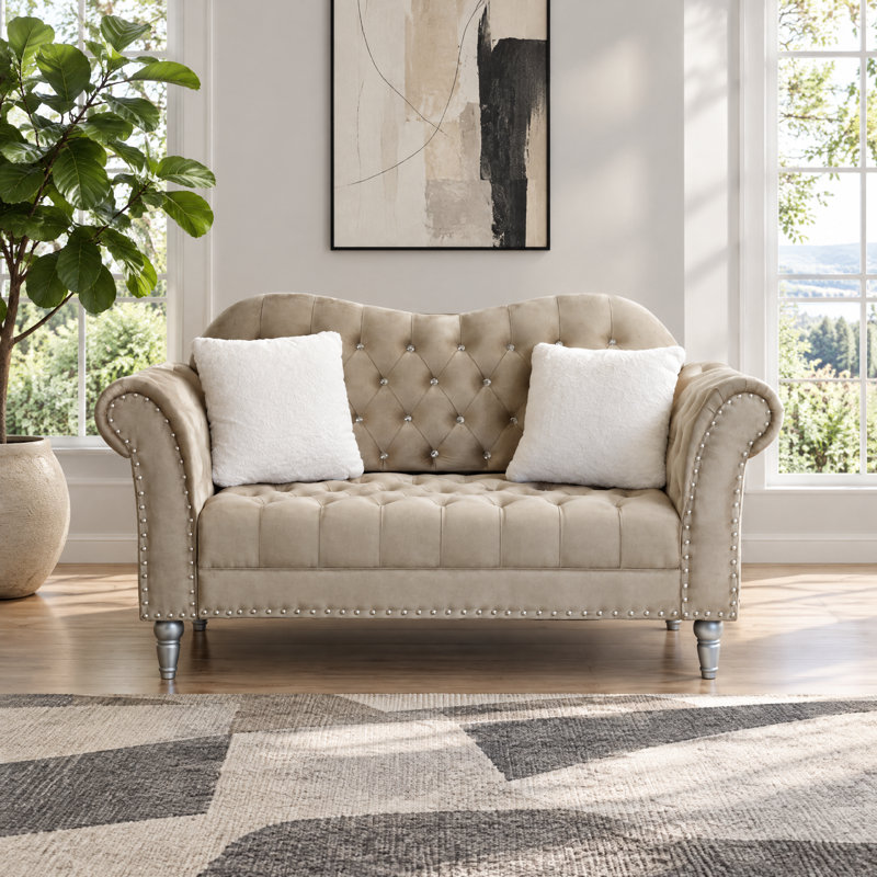 Canapé deux places en velours de 169 cm, Chesterfield capitonné Crystal Diamond, beige, Beige