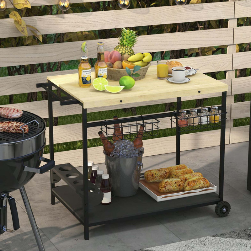Chariot-bar d'extérieur, chariot de service à roulettes avec roulettes, poignée latérale, 2 paniers, 4 porte-bouteilles de vin pour le jardin, la salle à manger, naturel
