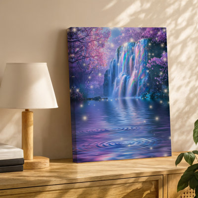 Canvas A Vibrant Ethereal Waterfall Cascades Down Smooth Iridescent Rocks Surrounded Wall Art By Lush Pink Hued Trees That Bloom With Canvas Wall Art