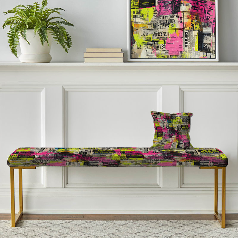Poupart Neon Newspaper Collage - Abstract Upholstered Gold Bench