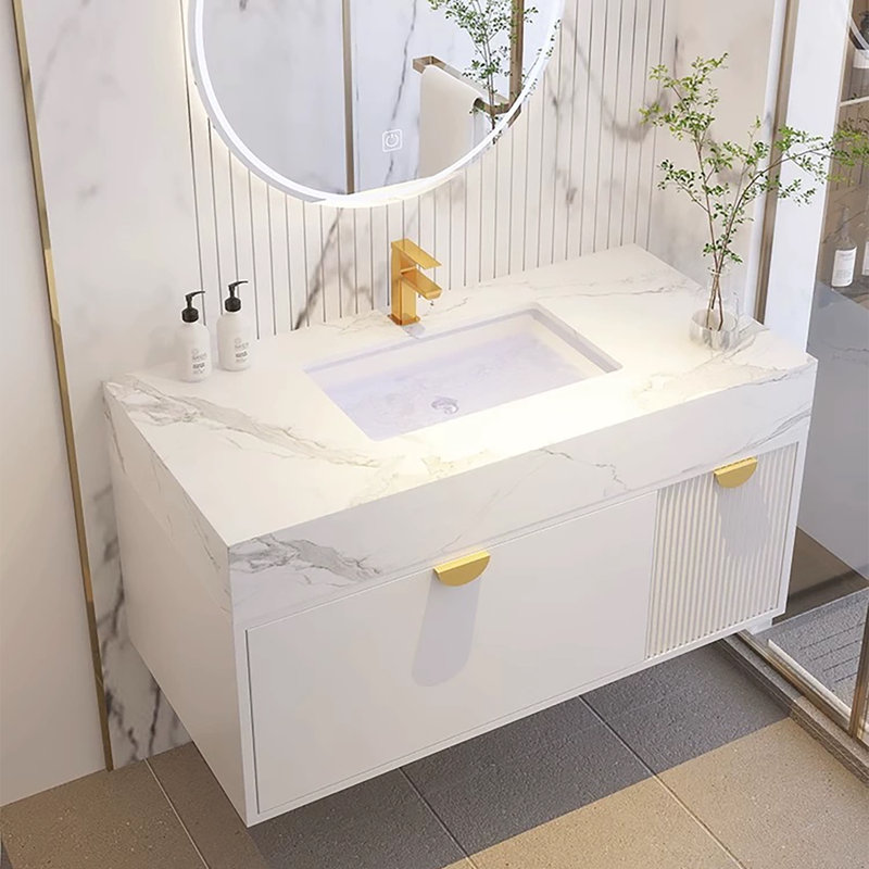 Meuble-lavabo simple flottant moderne de 36 po avec plateau en pierre blanc brillant et lavabo en céramique mural, White