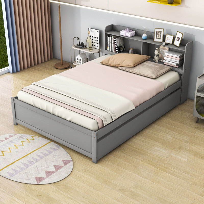 Halvorsen Full Size Wood Platform Bed with Twin Size Trundle and Storage, Gray