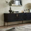 Meuble télé 78 po à motif géométrique noir, meuble télé de style Mid-Century moderne, centre de divertissement à 4 portes avec pieds en métal doré, console multimédia, meuble multimédia, meuble multimédia