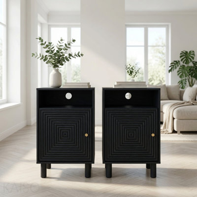Set Of 2, 15.7” Width Black Nightstand With Charging Station & Storage, Solid Wood Legs
