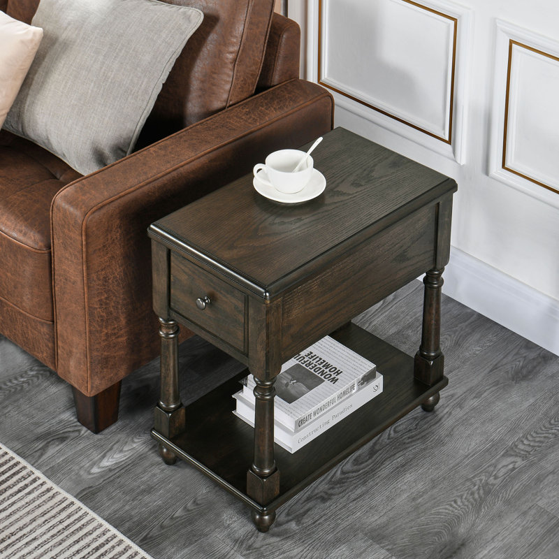 Wexford Collection Set of 2 Rectangular Solid Wood End Tables with Drawer and Storage Shelf, Mid-Century Modern Narrow Side Tables with 4 Legs for Living Room, Bedroom and Small Spaces Black