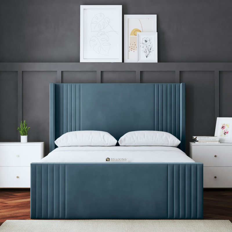 Elara Winged Ottoman Panel Bed with Headboard, Double (4'6), Blue