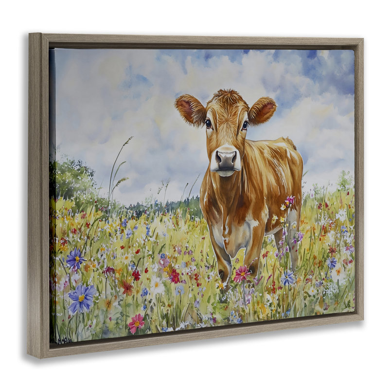 «Jersey Cow in Meadow Floater», art mural par Franklyn Gregory, H 25 po x l 31 po, Cadre flottant orme Montalcino