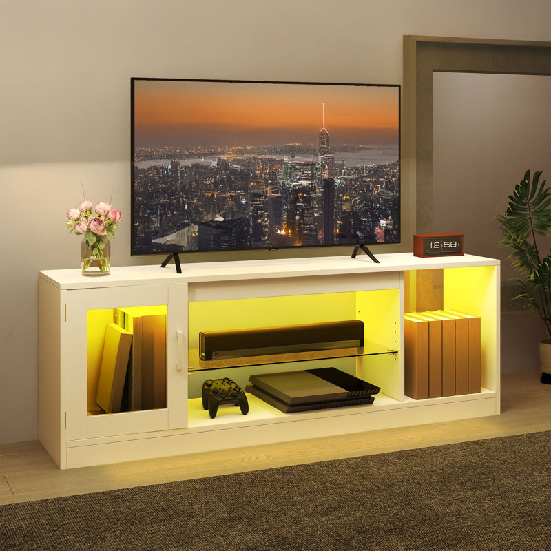 LED TV Unit for TVs up to 65 Inch, TV Cabinet , Gaming Entertainment Center with Adjustable Glass Shelf, White