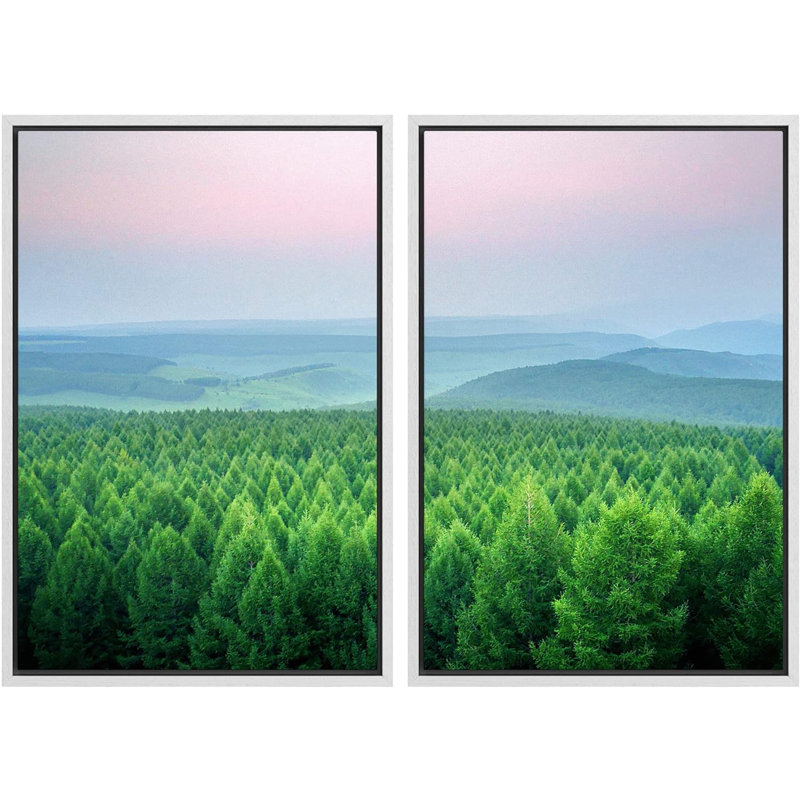 «Pastel Pink Morning Sky Mountain Forest Nature Landscape Decor Decor», 2 pièces, Cadre flottant blanc