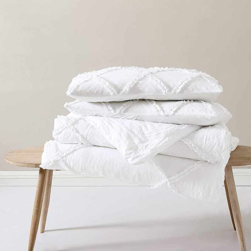 Vivian Soft Washed Microfiber Ruffle Comforter Set, White, Queen Comforter + 2 StandardShams