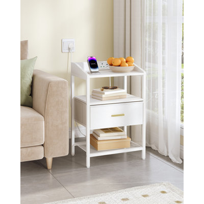 Bedside Table Set of 2 with Charging Station, Bedside Cabinet with 2 Open Shelf and 1 Fabric Storage Drawer, Side End Table with USB Ports & TypeC for Bedroom, Living Room 