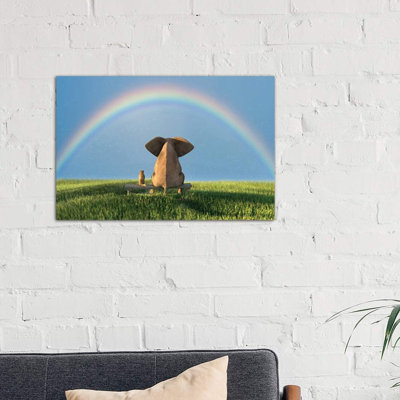Elephant and Dog Sitting Under the Rainbow on a Green Grass Field 1 Piece Wrapped Canvas Wall Art