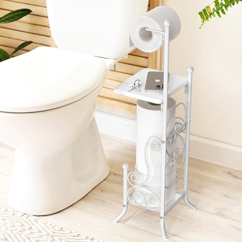 ¨ Support pour rouleau de papier hygiénique autoportant avec plateau supérieur en bois et rangement pour 4 rouleaux de papier hygiénique