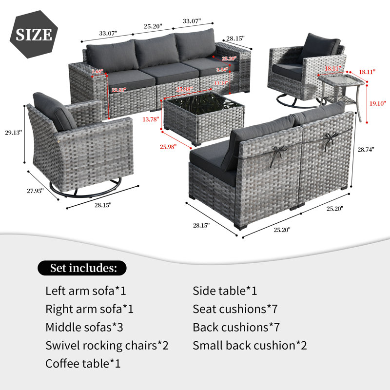 7 - Person Patio Conversation Set with Cushions, Black