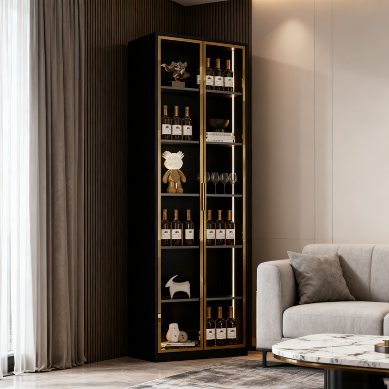 Armoire à vin de luxe 31,5 po à deux portes avec verre trempé, cadre en aluminium doré et lumière DEL 31,5 po