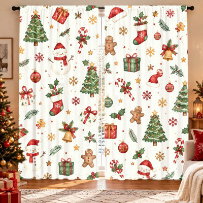 Ensemble de 2 rideaux de Noël à motifs bonhomme de neige, bonhomme en pain d'épices et sapin. Tissu filtrant la lumière, préservant l'intimité, œillets pour tringle, lavables à la machine. Idéal pour le salon, la chambre à coucher, le balcon, la cuisine et la décoration intérieure. Un incontournable pour les fêtes !