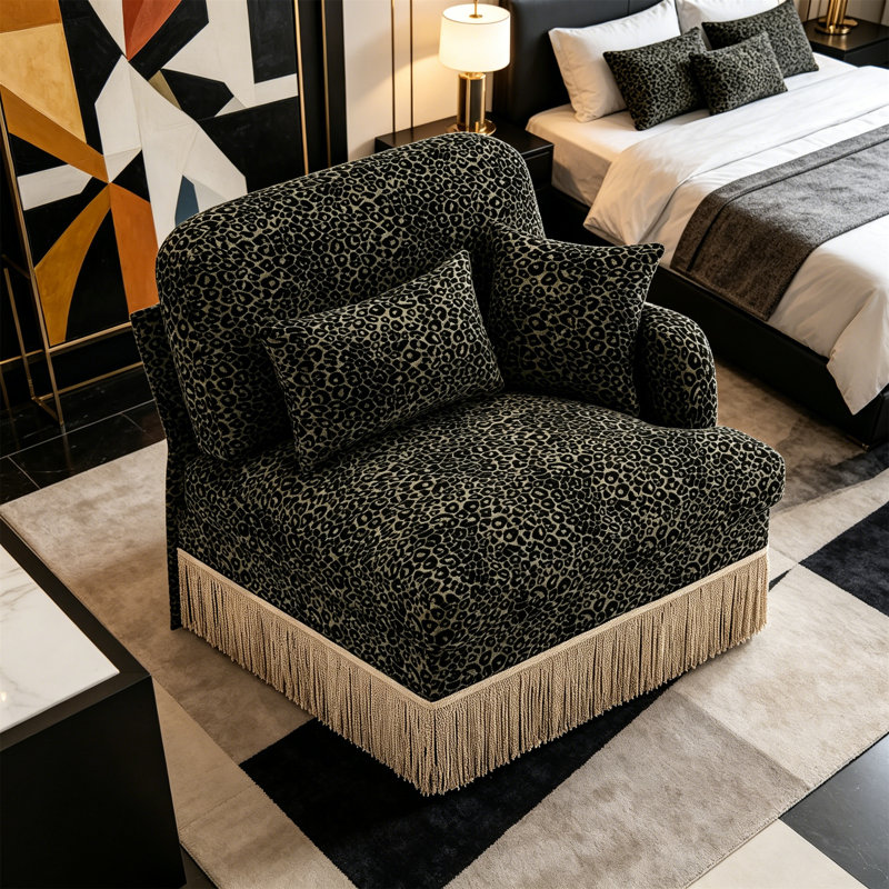 Canapé 35 po en chenille à imprimé léopard avec accoudoir à droite 35 po - Canapé modulaire moelleux avec pampilles, siège profond, mousse haute densité, canapé d'appoint de salon