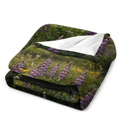 Purple Lupine Flower Luxury Flannel Throw Blanket, Soft Warm Fuzzy Blanket for Living Room Sofa Bed Home Decor