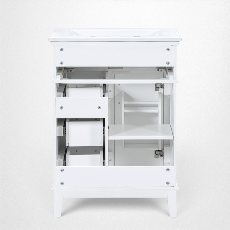Meuble-lavabo autoportant 24 po avec lavabo en céramique, rangement rabattable et 3 tiroirs, transitionnel, petit espace