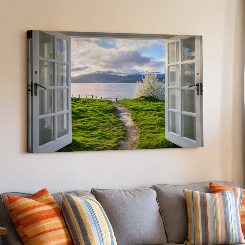Toile, une vue sereine à travers une paire ouverte d'art encadré blanc, portes doubles révélant une scène au bord du lac tranquille