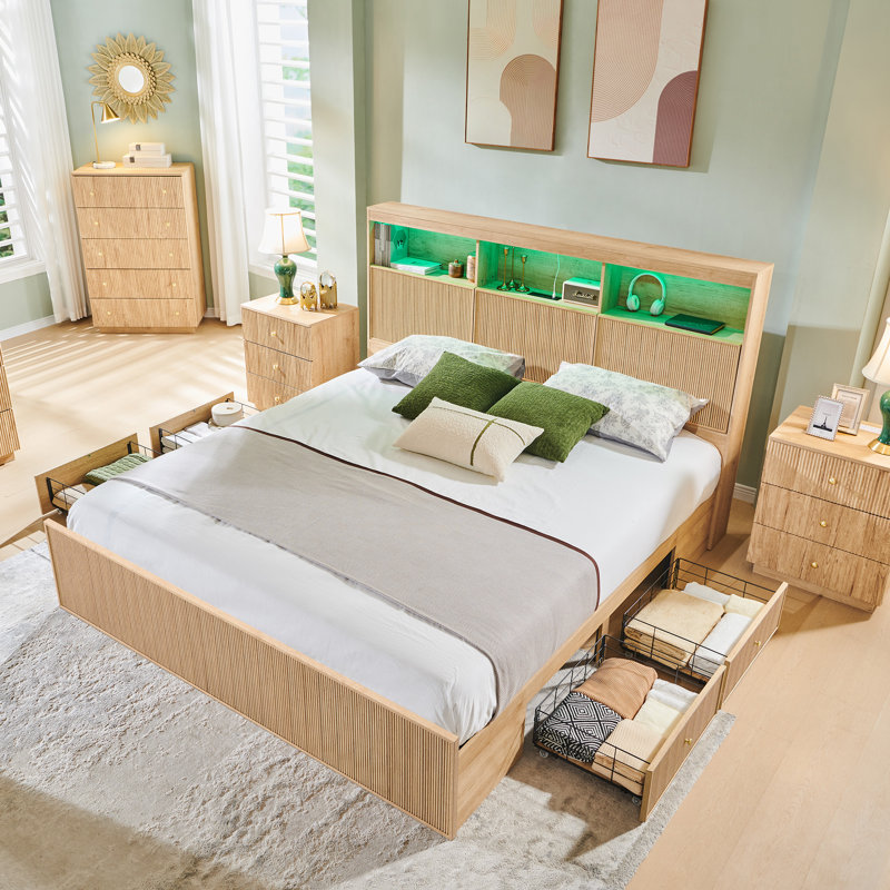 Bed Frame with Storage Headboard, LED Lights/Storage Headboard Charging Station, Modern 4-Drawers with Fluted King Size Wood Platform Bed Frame