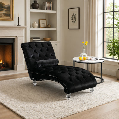 Chaise longue en velours capitonnée à boutons avec coussin pour une détente élégante et confortable dans la chambre à coucher, le salon ou le bureau