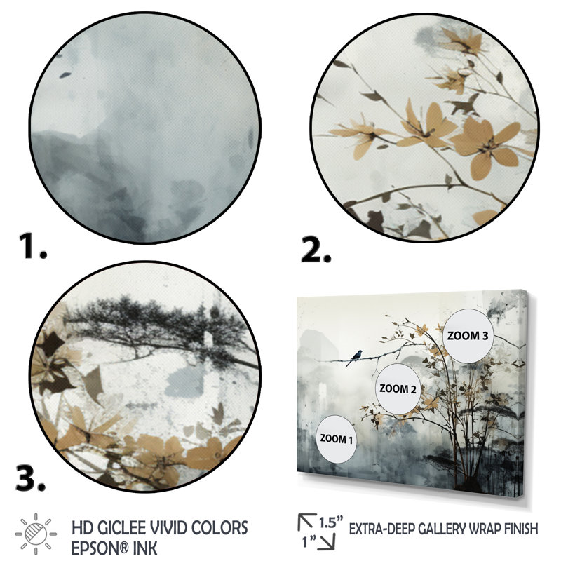 «Asian Art Sumi Bird Serenity XVII», art mural asiatique, 16" H x 32" W, Cadre flottant doré