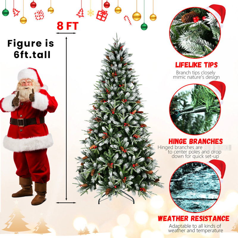 Arbre de Noël de 9 pi avec 3750 pointes, décor de baies rouges et de pin, branches Pe + à embout enneigé, structure à charnières pour une installation rapide, support de support en métal fiable avec décoration, installation facile,