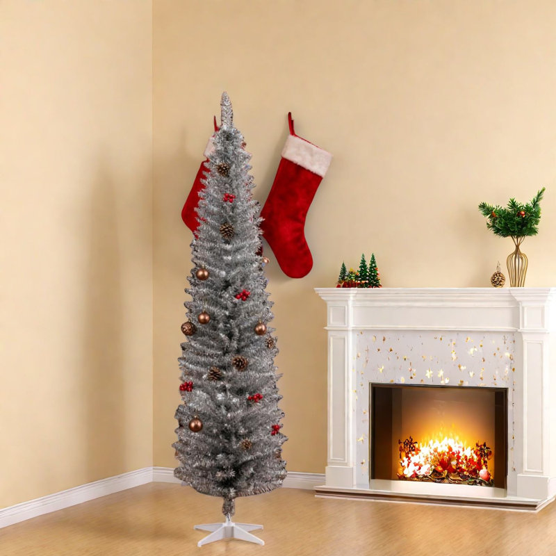 Arbre de Noël argenté avec support en plastique, style moderne