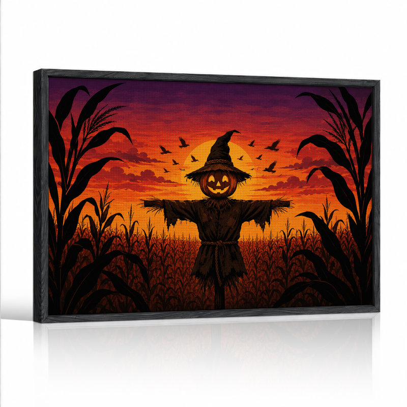«Jack O Lantern Scarecrow In Cornfield At Sunset», art mural sur toile, H 32 po x l 48 po