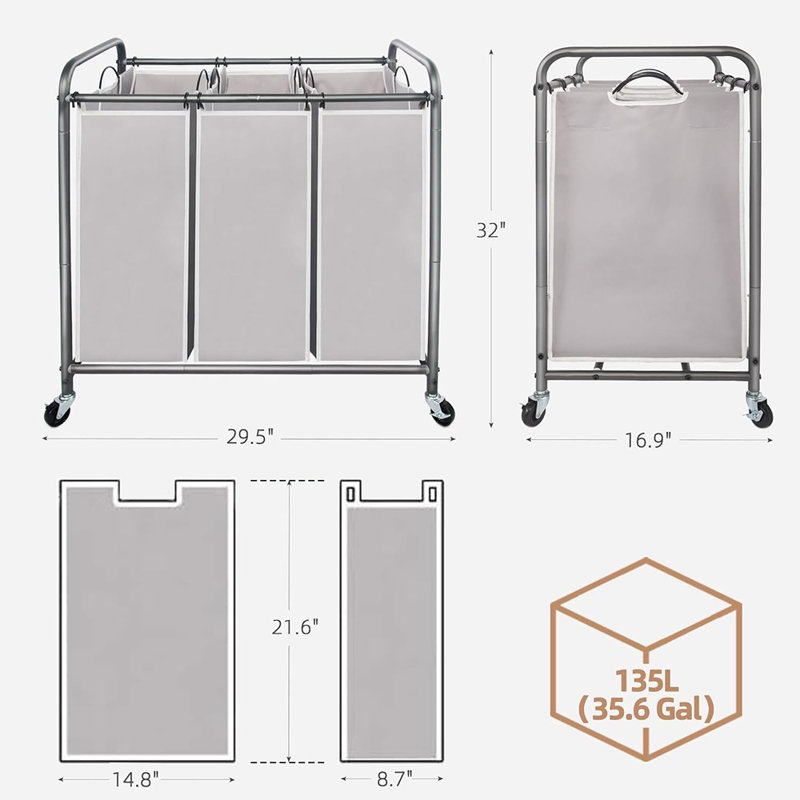 Trieur de linge 3 sections, panier à linge 3 sacs