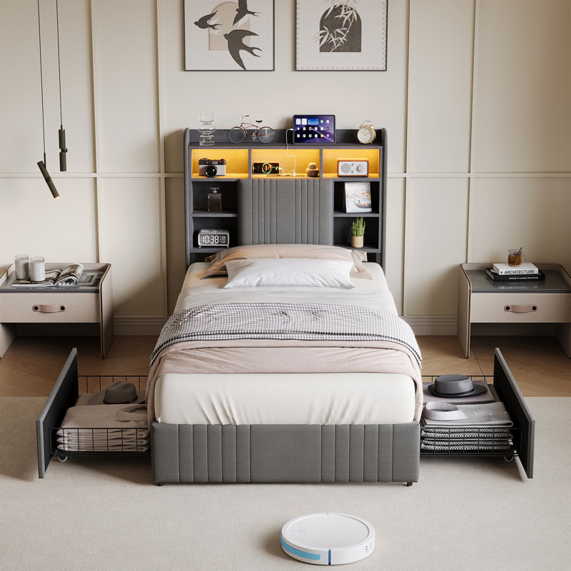 Upholstered Storage Bed, European Single (90 x 200 cm), Grey
