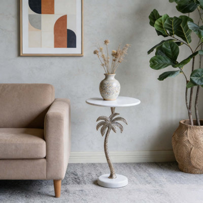Palm Tree Accent Side Table With Marble Top & Metal Base