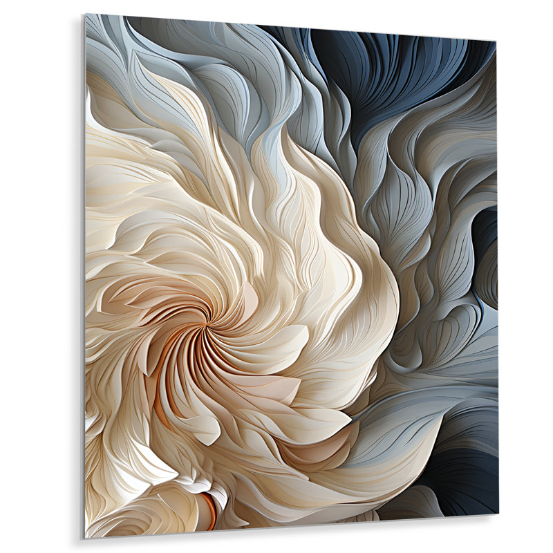 Plume blanche et bleue en spirale II - art mural géométrique en métal, H 40 po x l 30 po x P 1,5 po