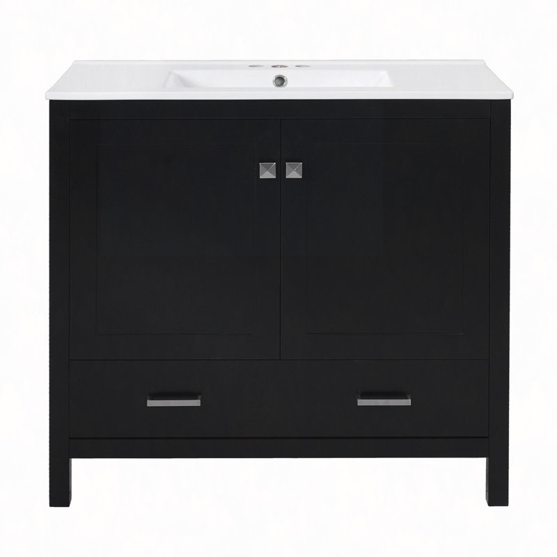Meuble-lavabo de 36 po avec lavabo en céramique, portes à fermeture en douceur, tablettes de rangement doubles et tiroir divisé - Armoire de salle de bain avec rangement spacieux