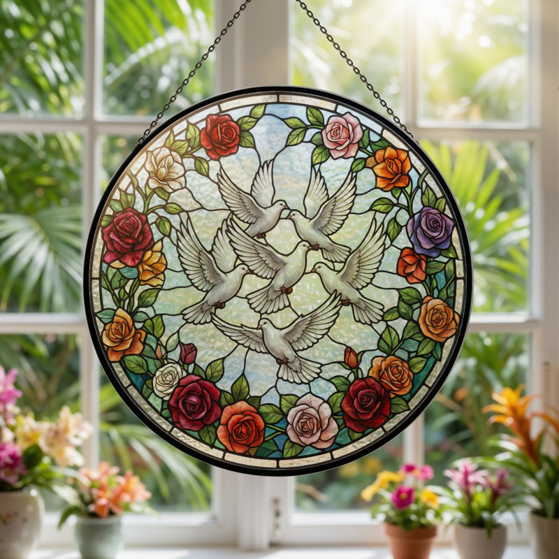 Panneau de vitrail Doves Roses, H 7,8 po